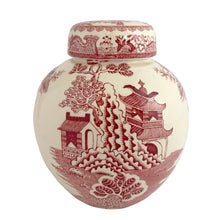 Load image into Gallery viewer, Mason's Patent Ironstone ginger jar with red transferware chinoiserie pattern, front view showing willow tree and pagoda scene with fitted lid, England, 1940s
