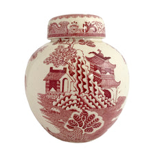 Load image into Gallery viewer, Rear view of Mason's Patent Ironstone red transferware chinoiserie ginger jar showing full chinoiserie landscape scene and lid border pattern
