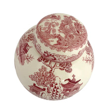 Load image into Gallery viewer, Front three-quarter view of Mason's Patent Ironstone red transferware chinoiserie ginger jar showing willow tree, pagoda, and fitted lid with scroll border

