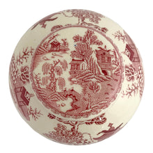 Load image into Gallery viewer, Overhead view of Mason's Patent Ironstone ginger jar lid showing red transferware chinoiserie landscape with pagoda, bridge, and willow tree motifs
