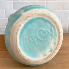 Load image into Gallery viewer, Jacks Daughter of All Trades Vintage Antique Mid-Century Modern Store Shop Reseller Etsy Shopify Toronto Canada Free Porch Pick Up Local Delivery Worldwide Shipping Judy Weinberg Unique Housewarming Wedding Sustainable Home Decor Collectible Collector Gift Farmhouse Cottagecore Cottage Grannycore Shabby Chic Art Deco matte aqua leaf topped handled vase McCoy Pottery 1940s rare art pottery

