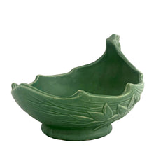 Load image into Gallery viewer, Vintage Art Deco leaf shaped matte green centrepiece planter or console bowl features embossed bamboo leaves. Crafted by McCoy Pottery, 1930s. This rare piece is must for any McCoy art pottery collector!

In excellent vintage condition, no chips/cracks/repairs. Unmarked.

Measures 10 1/4 x 8 1/8 x 6 1/2 inches
