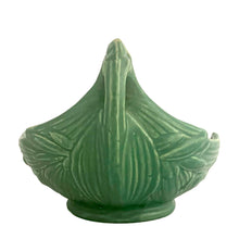 Load image into Gallery viewer, Vintage Art Deco leaf shaped matte green centrepiece planter or console bowl features embossed bamboo leaves. Crafted by McCoy Pottery, 1930s. This rare piece is must for any McCoy art pottery collector!

In excellent vintage condition, no chips/cracks/repairs. Unmarked.

Measures 10 1/4 x 8 1/8 x 6 1/2 inches
