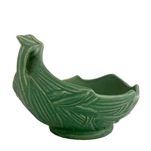 Load image into Gallery viewer, Vintage Art Deco leaf shaped matte green centrepiece planter or console bowl features embossed bamboo leaves. Crafted by McCoy Pottery, 1930s. This rare piece is must for any McCoy art pottery collector!

In excellent vintage condition, no chips/cracks/repairs. Unmarked.

Measures 10 1/4 x 8 1/8 x 6 1/2 inches
