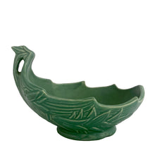 Load image into Gallery viewer, Vintage Art Deco leaf shaped matte green centrepiece planter or console bowl features embossed bamboo leaves. Crafted by McCoy Pottery, 1930s. This rare piece is must for any McCoy art pottery collector!

In excellent vintage condition, no chips/cracks/repairs. Unmarked.

Measures 10 1/4 x 8 1/8 x 6 1/2 inches
