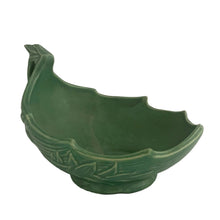 Load image into Gallery viewer, Vintage Art Deco leaf shaped matte green centrepiece planter or console bowl features embossed bamboo leaves. Crafted by McCoy Pottery, 1930s. This rare piece is must for any McCoy art pottery collector!

In excellent vintage condition, no chips/cracks/repairs. Unmarked.

Measures 10 1/4 x 8 1/8 x 6 1/2 inches
