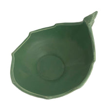 Load image into Gallery viewer, Vintage Art Deco leaf shaped matte green centrepiece planter or console bowl features embossed bamboo leaves. Crafted by McCoy Pottery, 1930s. This rare piece is must for any McCoy art pottery collector!

In excellent vintage condition, no chips/cracks/repairs. Unmarked.

Measures 10 1/4 x 8 1/8 x 6 1/2 inches
