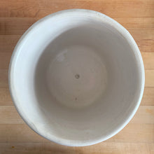 Load image into Gallery viewer, Vintage art deco matte white ceramic jardiniere planter featuring repeating straps on stippled ground with rope detail at the rim. Crafted by Robinson Ransbottom Pottery Co., USA, 1940s. A beautiful piece to add to your art pottery collection!

In excellent condition, no chips/cracks/repairs. Typical manufacturing glaze pops. Marked with crown stamp and the number 208.

Measures 8 x 6 5/8 inches
