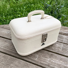 Load image into Gallery viewer, Vintage retro style cream or off-white coloured hard shell make-up travel case. with original blue interior, mirror, plastic line bottom, tray and ID tag. Crafted by L. McBrine Company Limited, Canada in Kitchener, Ontario Canada! Circa 1960/70s. This brings back all the feels of travelling in style!  In good vintage condition with appropriate age-related wear. No key. Tray has a hairline crack, but still intact and useable.  Measures 14 1/4 x 9 1/4 x 8 5/8 inches luggage
