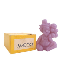 Load image into Gallery viewer, Vintage McGoo All the World Loves a Clown lavender slag glass figurine. Crafted by Mosser Glass, USA, 1981 - 1982. This adorable little collectible clown holds a bunch of balloons and has his name on his back...so cute!

In like new condition, in original box.

Measures 2 3/4 x 1 3/8 x 3 1/2 inches
