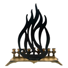 Load image into Gallery viewer, A beautifully crafted vintage brass nine candle Hanukkah menorah with flame motif inset with blue enamel. Made in Israel. A beautiful way to celebrate the Festival of Lights!

In good vintage condition with wear and patina.&nbsp;

Measures 9 5/8 x 2 7/8 x 10 1/2 inches
