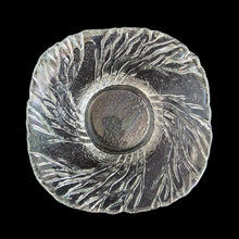 Load image into Gallery viewer, This vintage Metsa Forest clear glass serving plate and bowl set features a swaying pattern of tree branches. Designed by artisan Pertti Kallioinen. Crafted by Lasisepat Mantsala, Finland, 1970s. Perfect for serving your favourite chips and dip or snacks and dip. A lovely addition to your Finnish tableware collection!

In excellent condition, no chips.

Plate measures 11 1/4 inches, bowl measures 6 1/4 x 2 7/8 inches
