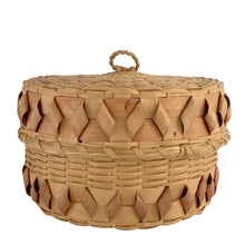 Load image into Gallery viewer, Antique Mi'kmaq Wabanaki fancy basket with lid removed, showing twisted splint ash body with jikiji'j decorative curls along the lower band, plain woven interior, and sweetgrass loop handle on lid, early 20th century
