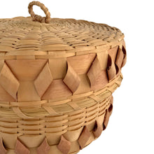 Load image into Gallery viewer, Close-up detail of antique Mi'kmaq Wabanaki fancy basket showing the jikiji'j twisted splint ash decorative curls and the transition between the plain woven body and the ornamental curl band, early 20th century
