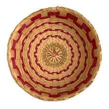 Load image into Gallery viewer, Top-down interior view of the antique Mi'kmaq Wabanaki fancy basket lid showing the radiating black ash splint construction, and original raspberry coloured dyed ash, early 20th century


