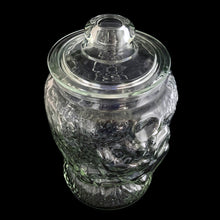 Load image into Gallery viewer, Super fun, vintage embossed Mickey Mouse clear glass lidded jar. Perfect for cookies and dry goods storage. Whether you&#39;re a collector or just a Walt Disney fan, this canister is a must-have!  In excellent condition, free from chips. Note there is a rough mold release on one side of the lid seam.  Measures 7 1/2 x 12 13/4 inches
