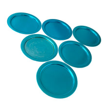 Load image into Gallery viewer, Mid-century turquoise aluminum coaster set showing condition details, five excellent pieces and one with vintage wear
