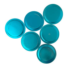 Load image into Gallery viewer, Back view of vintage turquoise aluminum coasters 4⅜ inch diameter, lightweight metal construction with retro 1950s design
