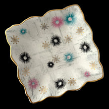Load image into Gallery viewer, Overhead view showing detail of Jessie Tait Cascade pattern with mid-century atomic starbursts
