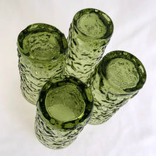 Load image into Gallery viewer, Vintage set of four "Miliano Green" flat glass tumbler with textured surface which makes them incredible easy to hold. Produced by the Anchor Hocking Glass Company, USA between 1960 - 1969. These green glasses bring back all those retro vibes!  In excellent condition, no chips or cracks.  Measures 3 x 5-1/2 inches  Capacity 12 ounces  We have 4 in stock, priced individually.
