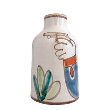 Load image into Gallery viewer, Vintage Giovanni de Simone art pottery bottle featuring a Picasso-like style colourful portrait of a gun-toting military man. Crafted by de Simone Pottery, Italy, 1960s. Highly collectible, this charming piece will make a wonderful addition to your home&#39;s decor and pottery collection!

Excellent condition, no chips, cracks or repairs. Signed on the bottom DESIMONE ITALY with numbers 24 and 205

Measures 3 1/2 x 5 1/2 inches
