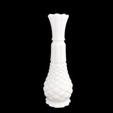 Load image into Gallery viewer, Anchor Hocking milk glass pineapple bud vase W4371, angled three-quarter view — tall slender body with raised diamond and fluted detailing, scalloped rim, brilliant white
