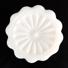 Load image into Gallery viewer, Underside of Anchor Hocking white milk glass pineapple bud vase W4371 — scalloped base with embossed flower detail

