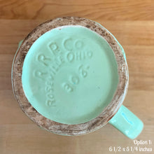 Load image into Gallery viewer, Vintage glossy mint green ceramic pitcher 308 which has an exterior pattern of horizontal waves. Crafted by Robinson Ransbottom Pottery Co., USA, 1930s. A lovely piece to add to your art pottery tableware collection which can be used as intended or fill with flowers!

In as found vintage condition, small chip to the foot, no cracks/repairs. Maker&#39;s marks.

Option 1: measures 6 1/2 x 5 1/4 inches (incl. handle/spout)
