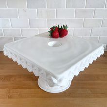 Load image into Gallery viewer, Close-up of moulded diamond edge detail on Indiana Glass Monterey milk glass square cake stand


