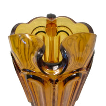 Load image into Gallery viewer, Ice lip view of LE Smith Moon and Star amber glass pitcher with ice lip, 40 oz vintage pattern glass
