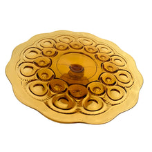 Load image into Gallery viewer, Vintage amber &quot;Moon and Star&quot; pressed glass low pedestal cake plate stand. Crafted by L.E. Smith Glass, USA, circa 1960s. This timeless cake stand with its heirloom-style craftsmanship is sure to be a conversation starter at any gathering!  In excellent condition, free from chips.  Measures 11 3/4 x 3 3/4 inches
