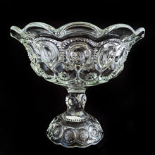 Load image into Gallery viewer, Highly collectible, this vintage clear pressed glass &quot;Moon and Star&quot; round pedestal compote features a flared scalloped edge. Crafted by L.E. Smith Glass, USA between 1940 - 2004. It&#39;s the perfect vessel for displaying fruit or could be used as a catchall or candy bowl.  In excellent condition, free from chips or cracks.  Measures approximately 8 x 6 3/4 inches   
