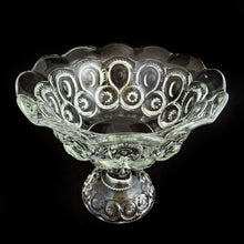 Load image into Gallery viewer, Highly collectible, this vintage clear pressed glass &quot;Moon and Star&quot; round pedestal compote features a flared scalloped edge. Crafted by L.E. Smith Glass, USA between 1940 - 2004. It&#39;s the perfect vessel for displaying fruit or could be used as a catchall or candy bowl.  In excellent condition, free from chips or cracks.  Measures approximately 8 x 6 3/4 inches   
