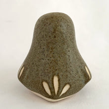 Load image into Gallery viewer, A sweet vintage handmade art pottery owl figurine glazed in moss green with white spots and brown details. Crafted by Strawberry Hill Werkshop, Canada, 1970s. This highly collectible piece is a must-have for any owl collector and is perfect for adding a touch of whimsy to your decor.

Excellent condition, no chips/cracks/repairs. Maker&#39;s mark.

Measures 2 3/8 x 2 x 2 1/2 inches
