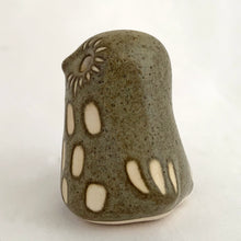 Load image into Gallery viewer, A sweet vintage handmade art pottery owl figurine glazed in moss green with white spots and brown details. Crafted by Strawberry Hill Werkshop, Canada, 1970s. This highly collectible piece is a must-have for any owl collector and is perfect for adding a touch of whimsy to your decor.

Excellent condition, no chips/cracks/repairs. Maker&#39;s mark.

Measures 2 3/8 x 2 x 2 1/2 inches

