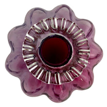 Load image into Gallery viewer, Overhead view of Fenton Art Glass mulberry Diamond Optic melon perfume bottle showing scalloped melon lobes, ribbed clear collar, and deep cranberry centre opening
