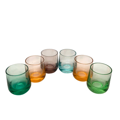 Colourful set of six vintage mid-century liqueur or shot glasses. They are absolutely lovely and would make an fabulous addition to any bar cart or liquor cabinet. Enjoy them in good health, cheers!  In excellent condition, no chips or cracks.  Measures 1 3/4 x 2 1/8 inches  Capacity 1 ounce