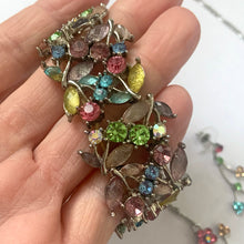 Load image into Gallery viewer, Jacks Daughter of All Trades Vintage Antique Mid-Century Kitsch Store Shop Reseller Etsy Shopify Toronto Canada Free Porch Pick Up Local Delivery Worldwide Shipping Judy Weinberg Unique Housewarming Gift Sustainable Gift Wedding Bridal Jewellery Jewelry Silver-toned imitation platium plated Floral rhinestone necklace earrings stretch bracelet pink aurora borealis light blue peridot green yellow costume Jewellery womens fashion accessory

