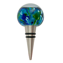 Load image into Gallery viewer, Hand-blown Murano art glass wine stopper with blue and green swirled glass ball and encased flower, Italian barware
