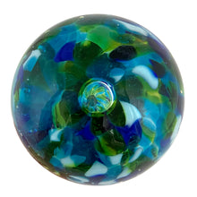 Load image into Gallery viewer, Overhead view of Murano glass wine stopper showing 2 inch width colorful drop ball design with flower detail
