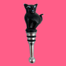Load image into Gallery viewer, Hand-blown Murano glass black cat wine stopper with white accents and stainless steel base
