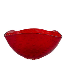 Load image into Gallery viewer, Vintage Murano hand blown red art glass bowl with gold aventurine, a swirl of bullicante (controlled bubbles) and a clear threaded foot. Crafted by Borovier &amp; Toso, Italy. Gorgeous!

In excellent condition, no chips.

Measures 8 1/4 x 4 1/2 inches
