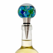 Load image into Gallery viewer, Full view of hand-blown Murano art glass wine stopper, 3.875 inches tall, blue and green with stainless steel stopper in situ
