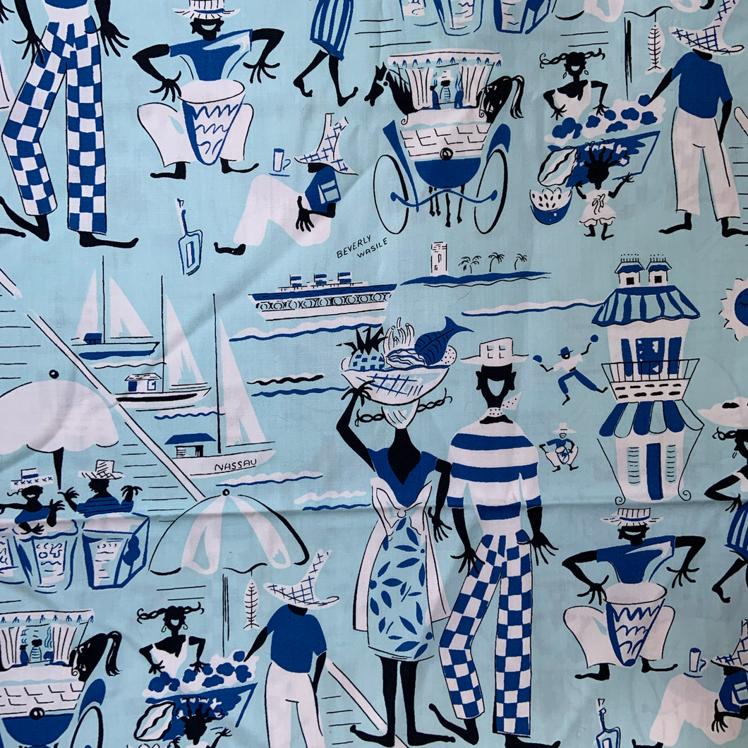 White cotton linen fabric with a hand printed vintage whimsical joyful Nassau island themed art featuring travel, life and leisure motifs in black, royal blue, baby blue and white. Designed by Beverly Wasile and crafted by Moygashel Linens in Ireland, known for its high quality textiles. Wasile was a mid-century artist known for Bahamian themed art. Perfect for dressmaking, or home decor. Excellent condition, free from stains/tears. Measures 36 x 144 inches