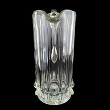 Load image into Gallery viewer, Antique National Glass Co. Hercules clear glass pitcher, spout view showing ribbed body, applied handle, and pressed star base, c. 1904
