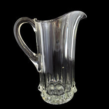 Load image into Gallery viewer, Antique National Glass Co. Hercules clear glass pitcher, opposite side view showing ribbed body, applied handle, and pressed star base, c. 1904

