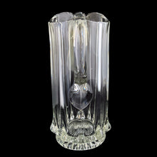 Load image into Gallery viewer, Antique National Glass Co. Hercules clear glass pitcher, handle view showing ribbed body, applied handle, and pressed star base, c. 1904
