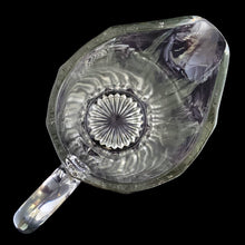 Load image into Gallery viewer, Overhead view of National Glass Co. Hercules pitcher showing scalloped rim, vertical ribbing, fin detailing, and star base through the interior, c. 1904
