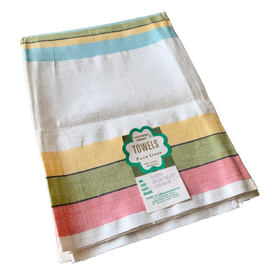 Vintage 1940s natural linen tea towel, striped in colours of pink, green yellow, blue and black. A great addition to your vintage or contemporary kitchen decor.

New old stock with original sticker. The fabric is in excellent condition, with age-related staining, see photos.

Measures 21 1/2 x 30 1/2 inches