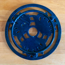 Load image into Gallery viewer, Jacks Daughter of All Trades Vintage Antique Mid-Century Kitsch Store Shop Reseller Etsy Shopify Toronto Canada Free Porch Pick Up Local Delivery Worldwide Shipping Judy Weinberg Unique Housewarming Gift Sustainable Gift Wedding Gift Home Decor Collectible Collector Gift Farmhouse Cottagecore Cottage Lodge Shabby Chic navy blue round cast iron trivet with lotus flowers Taiwan 1970s kitchen decor wall decor
